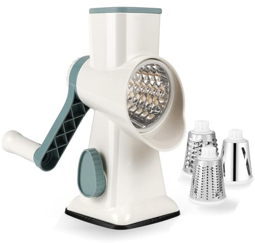 Dreamhigh® Cortador de Verduras Manual, Rallador Verduras con 3 Acero Inoxidable Cuchillas de Tambor Intercambiables, Fuerte Succión, Mandolina de Cocina para Queso, Pepino, Zanahoria, Nueces(Blanco)
