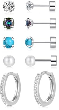Ohrringe Set, Ohrringe Silber 925 mit Zirkonia Perlen Ohrstecker Gesundheitsstecker, Klein Piercing Ohr Helix Tragus Piercing Schlafen Ohrstecker Silber Creolen für Damen Herren Mädchen