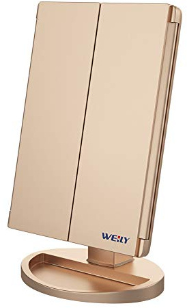WEILY Schminkspiegel mit Beleuchtung, Kosmetikspiegel mit 1X/2X/3X Vergrößerung, Faltbare Schminkspiegel mit LED-Beleuchtung und Touchscreen, Tischspiegel Unterstützung USB und Batterie (Golden) | Faltbarer Schminkspiegel mit LED & Touch, Tischspiegel mit USB- und Batteriebetrieb (Golden)