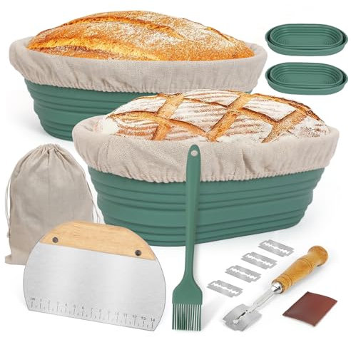 ZgoEC Gärkörbchen für Brot Faltbar, Gärkörbchen Silikon Gärkorb Oval 26cm, Gärkorb Brot Banneton Brotbackkörbe mit Tasche, Sauerteig Startet Set mit Brot Backen Zubehör, Bäcker Geschenk (Grün)