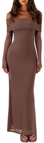 REORIA Women Long Sleeve Off Shoulder Formal Dress Elegant Stretch Mesh Double Lined Bodycon Long Party Wedding Guest Dresses Fall Winter Coffee Medium
