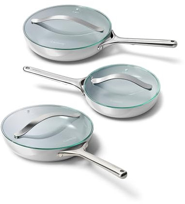 Caraway Ceramic Nonstick Fry Pan Set with Glass Lids – Includes Two 10.5” Fry Pans, One 8” Fry Pan, & Three Lids - Non Toxic, PTFE & PFOA Free - Oven Safe & Compatible with All Stovetops - Gray