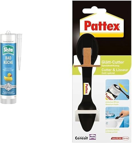 Praktisches 2er-Set aus 1x280ml Sista BAD KÜCHE Sanitär Silikon weiß und 1x Pattex Glätt-Cutter, Fugenfüller & Fugenmesser für professionelle Ergebnisse in Bad und Küche
