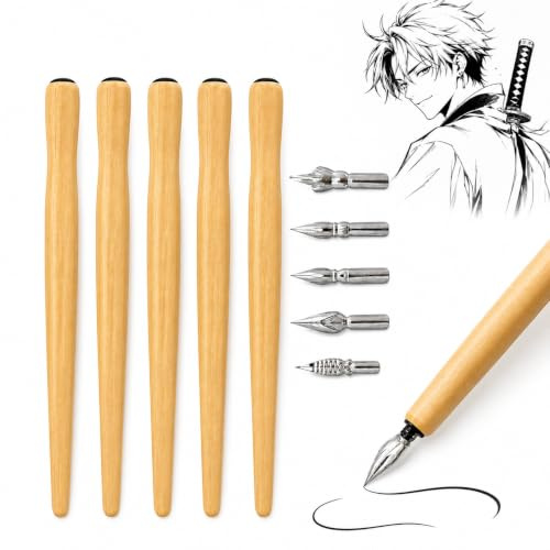 Xiciki 5 st kalligrafi reservoarhållare, Dip Quill Pen reservoarhållare, fjäder, kalligrafi kit med 5 Dip Calligraphy-pennhållare och 5 fjädrar, för skissritning, kartografi