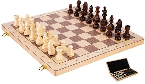 Engelhart - 151206 – Großes Schachspiel aus Birkenholz – Furnier aus Walnuss und Ahorn – faltbar – Maße: 45 x 45 x 5,5 cm – König: 90 mm – Kästchen: 50 mm