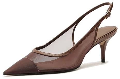epiluta Brown Mesh Kitten Heels for Women Slingback Design with Pointed Toe Breathable and Stylish Elegant Low Heel for Comfort Size 11