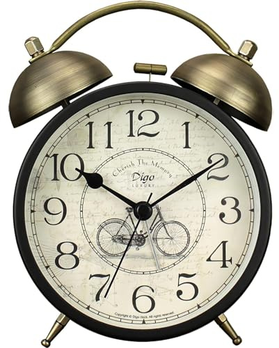 Maxspace Doppelglockenwecker, 4-Zoll Retro Wecker Analog Ohne Ticken mit Nachtlicht, Batteriebetrieben Metall Wecker Laut für Tiefschläfer Kinder Senioren (Fahrrad Schwarz)