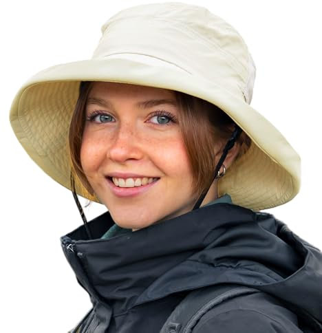 TOP-EX UPF 50 Sonnenhüte Damen mit Pferdeschwanz, Breiter Krempe Fischerhut für UV-Schutz, Wasserdicht regenhut, Kinnriemen, Atmungsaktiv Sommer-Mesh, Faltbar, Safari, Strand, Wandern, Beige M
