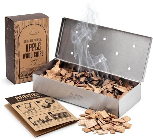 BBQ Smoker Box Kit - Edelstahl Smoker mit Klappdeckel, Apfelholzspäne, Hickory Salz - Grillzubehör und Grillgeschenke für Männer - Tolle Geburtstagsgeschenke für Männer, die gerne Grillen