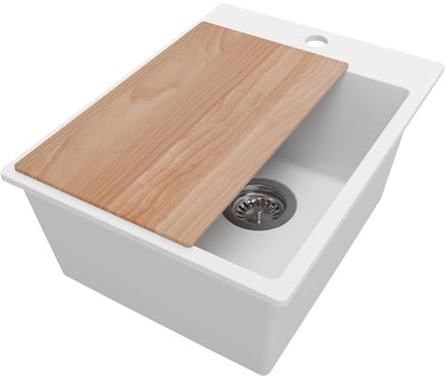 PRIMAGRAN Evier Cuisine en Granit Blanc 38x50cm, Lavabo 1 bac + Kit de Vidage + Planche à Découper, Évier à Encastrer al mueble 40cm - Riga S020