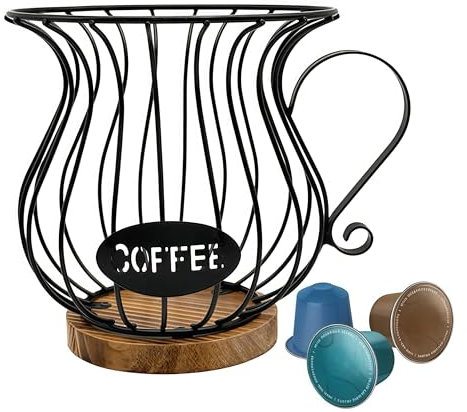 Coffee Pod Holders for Counter, Large Capacity K Cup Holder and Espresso Pod Holder, Coffee Bar Accessories, Wire Kup Storage with Wooden Base, for Coffee Station for espresso Pods & Capsules，Fruit Sn