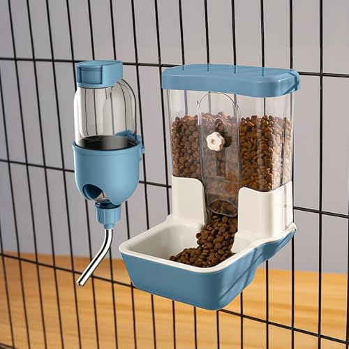 Dispensador Automático de Comida y Agua para Mascotas, Juego de Bebedero de Gravedad para Jaulas de Perros, Gatos, Conejos, Cobayas, Chinchillas, Hurones, Erizos (Azul)
