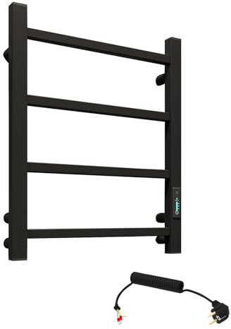 Elna Scaldasalviette Nero - 45W - 510x400mm - Elettrico per tutti i giorni e risparmio energetico - Compatto con timer e termostato - IP44 - Montaggio a parete - Acciaio inossidabile opaco