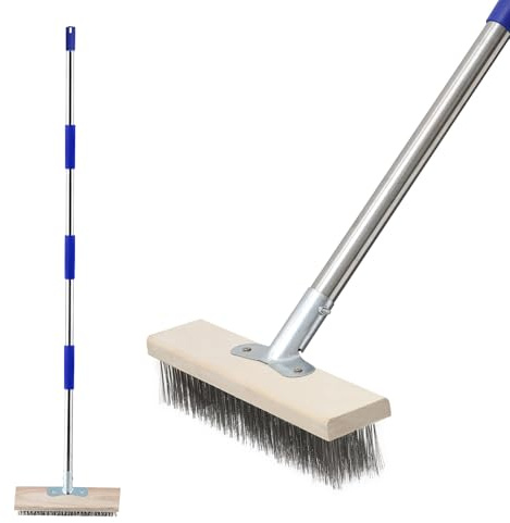 Wire Broom with Long Handle, Heavy Duty Yard Brush 190 CM, Stiff Metal Bristle Brush for Cleaning Moss, Stainless Steel Garden Deck Scrub for Patio, Garage, Roof
