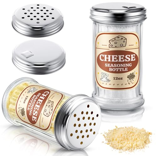 Feekoon 2 Pack Glass Spices Shaker with 4 Stainless Steel Lids, 12 Oz Parmesan Cheese Shaker, Sugar Pourer Airtight, Spices Jar, Salt Pepper Dispenser for Coffee Bar Home Kitchen Restaurant Supplies