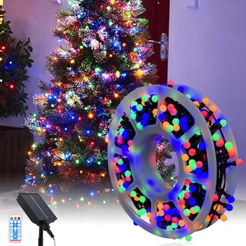 Luci di Natale Solari, 13M 300LEDs Luci a Sfera Esterno Impermeabili con 8 Modalità, Striscia Luminosa Portatile e Ripiegabile per Decorazioni da Appendere All'albero di Natale Feste Giardino Veranda