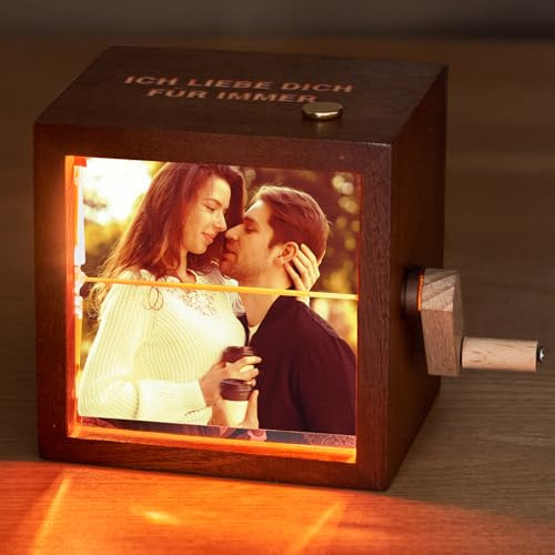 Personalisierte Foto Flipbook Rahmen Foto Flipbook Box mit Licht Handkurbel Fotoalbum Flipbook mit Musik Personalisierte Valentinstag Fotogeschenke für Ihn Sie Männer Frauen (Spieluhrtext)
