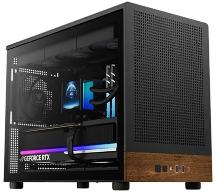 GAMDIAS Athena M4M Wood - Mini armario de torre | Panel frontal de malla de nogal real | 3 ventiladores integrados de 120 mm, soporta placa base Mini-ITX, Micro-ATX | AIO Support superior: 360 mm