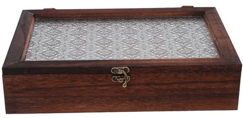 JECOMPRIS Caja Organizadora de Madera de Gran Tamaño con Cajones y Tapa de Vidrio, Almacenamiento para Bolsitas de Té y Cosméticos, Diseño Retro Floral para Hogar, Multiusos y Decorativa