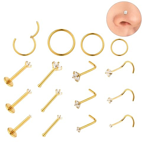 Josojoou 16Pcs 14k Gold Filled Nose Ring Studs Hoops, 18G/20G Surgical Steel Nostril Piercing Jewelry L Shaped/Corkscrew/Straight/Push Back Nostril Gold Nose Studs for Women Men