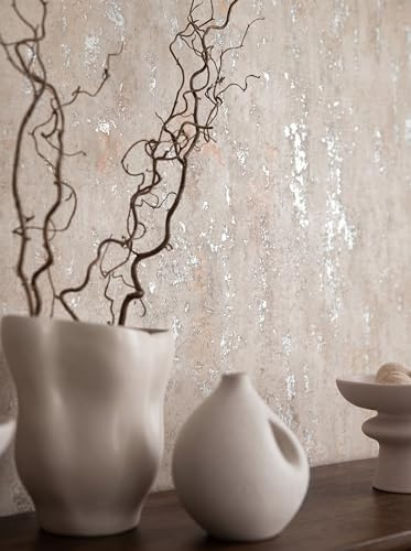 Newroom Vliestapete Rosa Betontapete Glamour Modern Schlafzimmer | Vertikale Putzstruktur, silbriger Metallic-Schimmer, warmes Beige mit Rosé-Ton, Mustertapete, elegant, Boho, Wohnzimmer