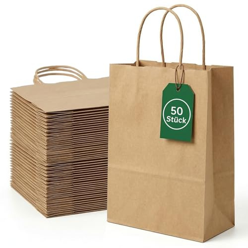 RITOLLO 50 Stück Papiertüten, 21 x 15 x 8 cm Kraftpapiertüten mit Henkel, Geschenktüten Praktische Party-Tüten, perfekt für Geburtstage, Weihnachten, Feiern und diverse Veranstaltungen