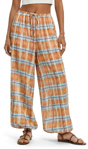 Tankaneo Womens Checkered Pants Baggy Balloon Plaid Harem Pants Casual Drawstring Wide Leg Trousers with Pockets Orange