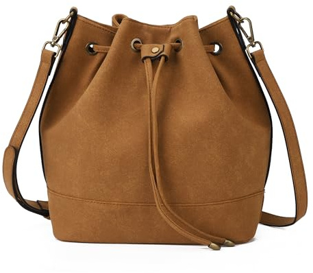 AFKOMST Bolso de mano para mujer, bolso de hombro y bandolera para mujer, bolso de mano de imitación de piel, bolso con cordón ajustable para el hombro, elegante bolso de ocio, Ante marrón, 24,1 cm B