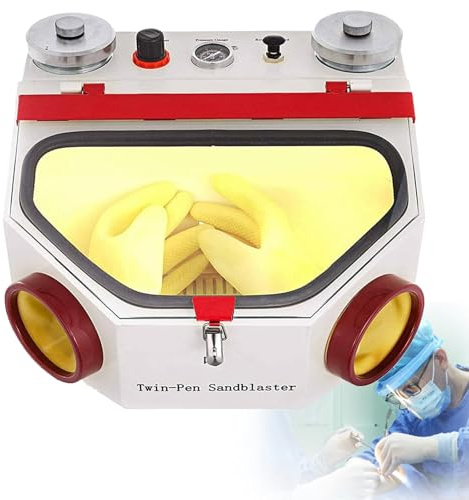 Sandblaster with Large View Window, LED Light, 2 Pens & 2 Tanks for Surface Treatment of Materials - Professional Sandblasting Equipment