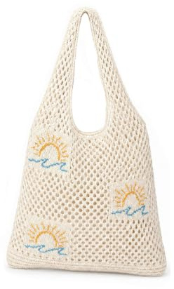 UZYXC 1 Stück Gehäkelte Strandtasche, Boho Tasche Aus Naturmaterial, Beige, Für Sonnenhut, Handtuch, Leichte Sommertasche, Für Urlaub Und Strand, Handgearbeitet