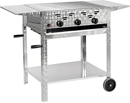 Gasgrill 3-flammiger Edelstahl-Brenner 11kW fahrbar mit Grillrost und Abstellplatten, Grillwagen, Gastrobräter Profigrill Verein