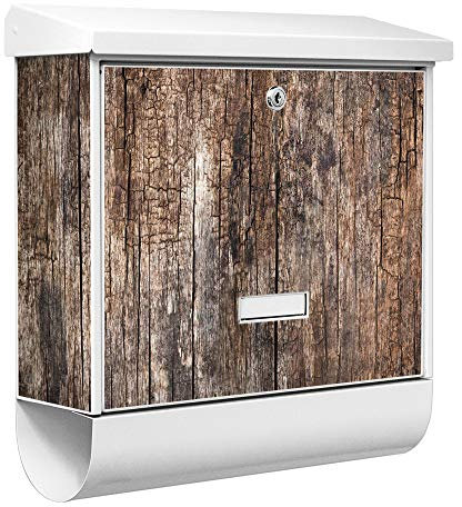 banjado® Burgwächter Briefkasten Weiß 38x39x12cm mit Motiv Altes Holz/Briefkasten mit Zeitungsfach/Briefkasten mit Zeitungsrolle/Postkasten inkl. Montagematerial & 2 Schlüsseln
