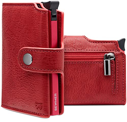 BEWMER v2 Kartenetui mit RFID-Schutz & Anti-Cloning - Damen & Herren Geldbörse mit Münzfach & Platz für 9 Kreditkarten | Kunstleder Portemonnaie Herren & Damen mit Clipverschluss | Rot