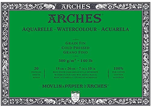 Arches A1795058 Aquarellpapierblock, 17,8 x 25,4 cm, 20 Blatt, 300 g/m², kaltgepresst, Weiß
