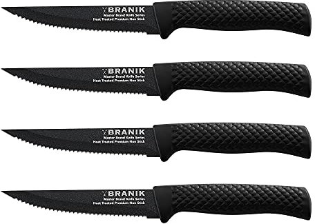 BRANIK Titanium Series Steak Knife Set of 4 – Premium Steel Serrated Steak Knives, 5-Inch Blades, Non-Slip Ergonomic Handles, Dishwasher Safe – Ideal for Dining, BBQs, Dinner Parties & Gifts – Black