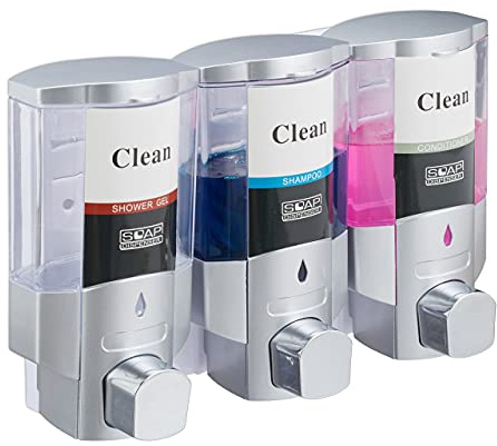 Relaxdays Seifenspender, 3 Kammern, Wandmontage, je 300 ml, Hygienespender, nachfüllbar, Bad, Hotel, Silber/transparent, 10033717, 1 Stück