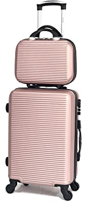 CELIMS - Französischer Koffer - Hartschalen Kabinengepäck ABS mit Kosmetikkoffer - Hartsreisekoffer 55 cm mit Kosmetikkoffer - Robuster, bequem und Leichter - 5859 Rose Gold C+V