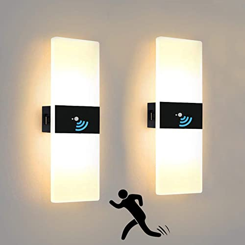 2 Stück Wandleuchte Innen 2,8W LED Wandlampe Mit Bewegungsmelder, 4000-Mah-Akku USB Wiederaufladbar,Acryl Aluminium Wandbeleuchtung Modern Flur Lampe,Schlafzimmer Treppenhaus Wohnzimmer,Schwarz,3000K