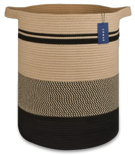 COMSE Panier à linge extra large en corde de coton tissée pour ranger jouets, vêtements, serviettes, 40 x 55 cm, marron et noir