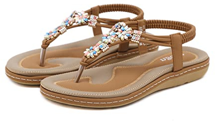 Sandals Womens Ladies Flip Flops Summer Flat Leather Sandal Toe Post Bohemian Walking Sandals, 4 UK, Brown