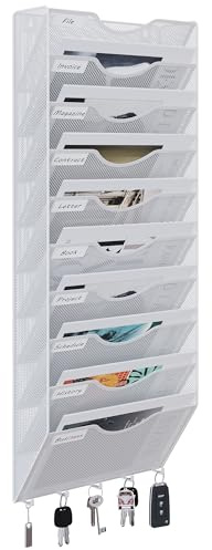 EasyPAG 10 Fächer Metall A4 Zeitschriften Wandhalter Zeitschriftenhalter Wand Aktenablage Dokumentenhalter Magazin Wandhalterung Post Organizer Prospektspender Flyerhalter Hängend mit 5 Haken,Weiß