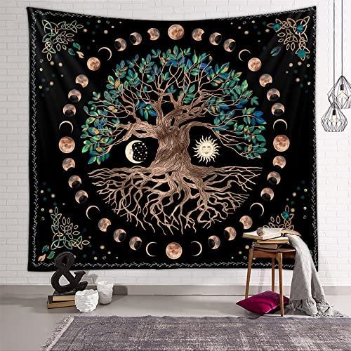 Zodight Baum des Lebens Wandteppiche Mondphasen Tapestry, Schwarz-Weiß-Sonne-Mond-Tapisserie Wandbehang, Psychedelisches Mandala Wandteppich für Wohnzimmer Tagesdecke Zimmer Schlafzimmer