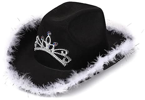Geagodelia Filz Cowboyhut Damen Flauschig mit Federn Krempe Tiara Cowgirl Kostüm Hut Erwachsene Halloween Kostüme Karneval Partyhut (Tiara Schwarz mit Federn, Einheitsgröße)