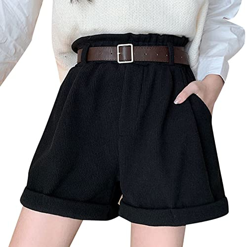 Xmiral Pantaloncini tascabili Morbidi Pantaloni Alti in Velluto a Coste da Donna Larghi con Vita Plissettata Casual Super Completo Maglietta E Pantaloncini