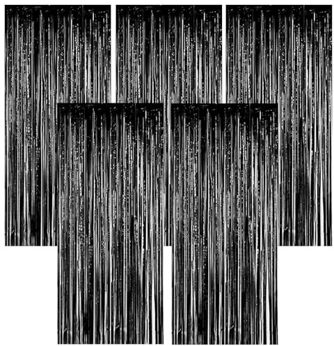 Torytoe Lametta Vorhang Schwarz, 5 Stück Metallische Glitzervorhang Geburtstag 1x2M Folie Vorhänge Glitzer Tinsel Curtains Folienfransen Vorhang für Geburtstage Festivals Hochzeit Party Bühnendekor
