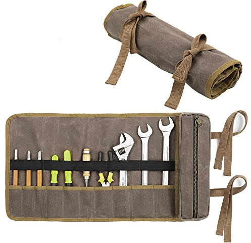 10 Taschen Werkzeug Rolltasche, Robust 16oz gewachstes Baumwoll-Segeltuch Werkzeugtasche mit 2 Wrap Straps, Mehrzweck-Werkzeugtasche für Metric,SAE (Grau)