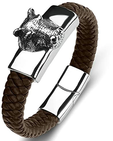 Ayoiow Männer Armband Indianer, Armreif Edelstahl Leder Armband Jungs Braun Flechtarmband mit Rinderkopf