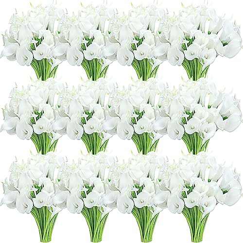 Crowye 100 Pcs Calla Lily Artificial Flowers Bulk 14 Inch Real to Touch Calla Lily Bridal Wedding Bouquet Faux Artificial Flower for DIY Wedding Bridal Centerpiece Party Decor (White)