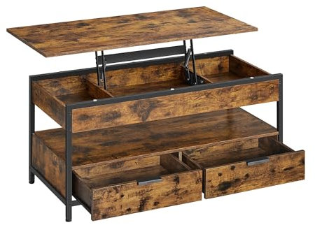 VASAGLE Couchtisch, höhenverstellbarer Wohnzimmertisch, Kaffeetisch, mit Schubladen, offenes Fach, 50 x 100 cm, vintagebraun-tintenschwarz LCT209K01