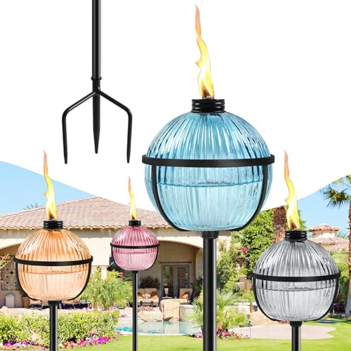 FALBAWR Citronella Torches Set of 4, 16 oz Glass Garden Torches for Outside, 3-Prong Grounded Stake Outdoor Torches, 58.6 inch Outdoor Torch for Yard, Patio, Deck, Party